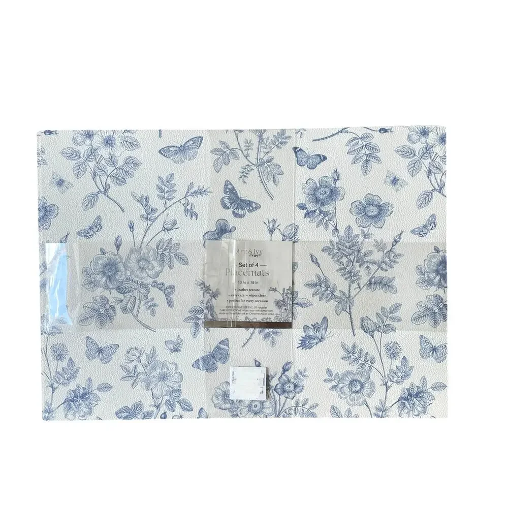 Mint & Ivy Faux Leather Placemats 13x18 Blue & White Floral Butterfly Set of 4